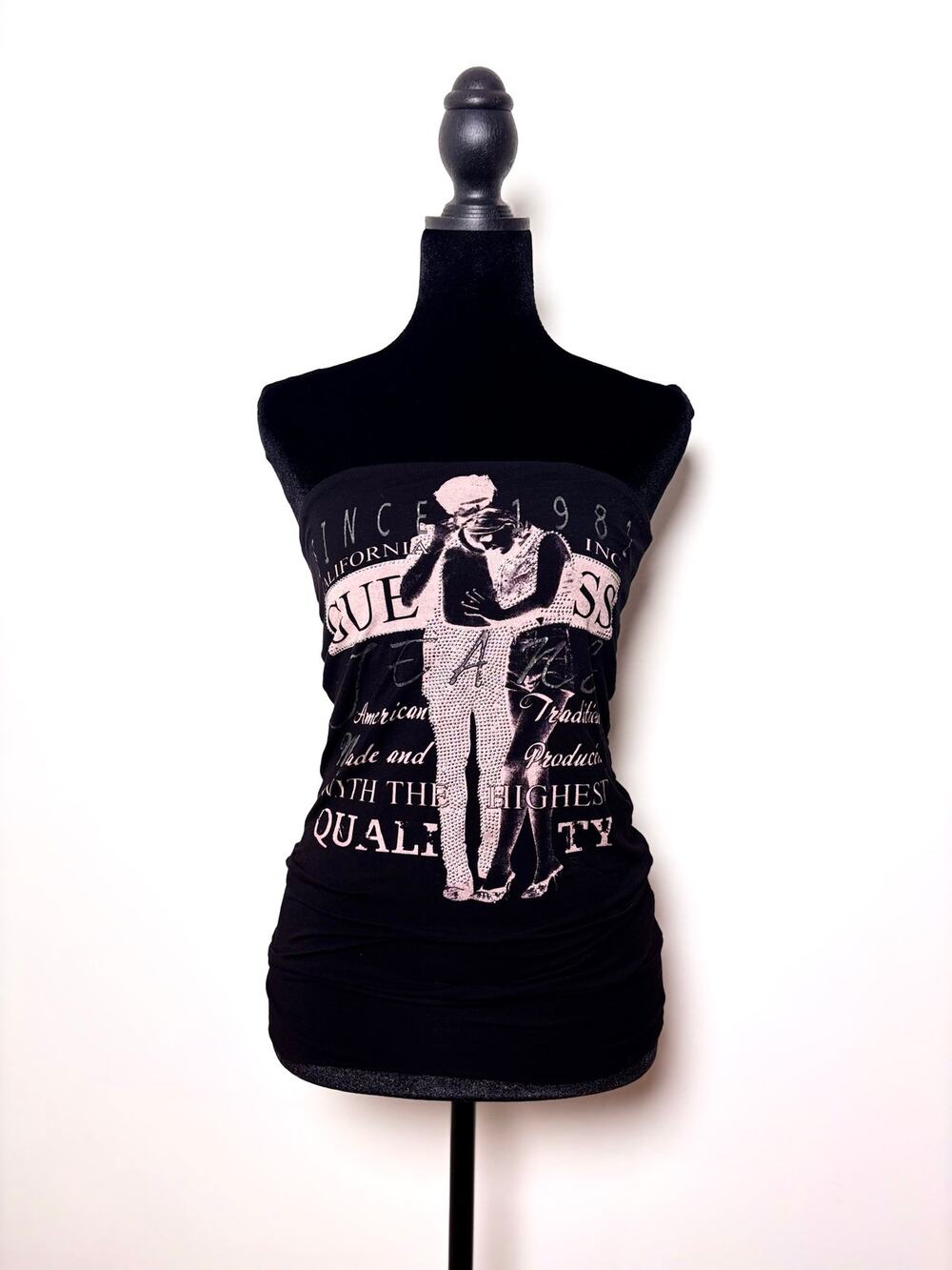 Vtg Y2K Guess Black Rhinestone Studded Pink Graphic Banded Hem Tube Top